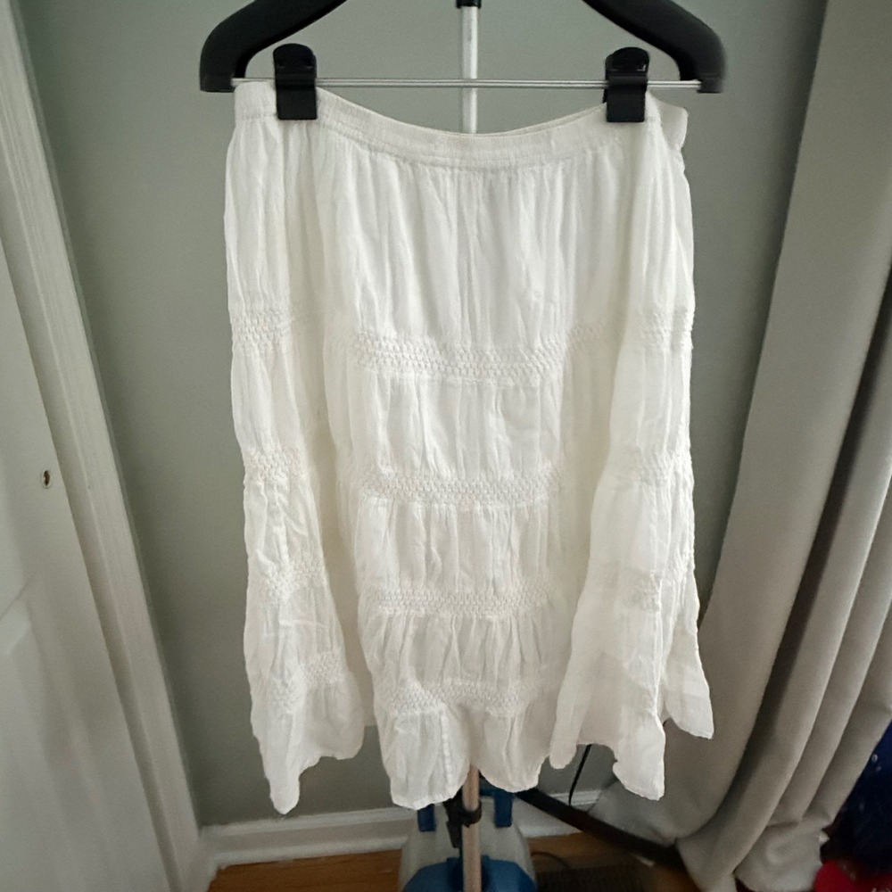 Provogue White 100% Cotton Tiered Peasant Boho Midi Skirt Plus Size 1X
